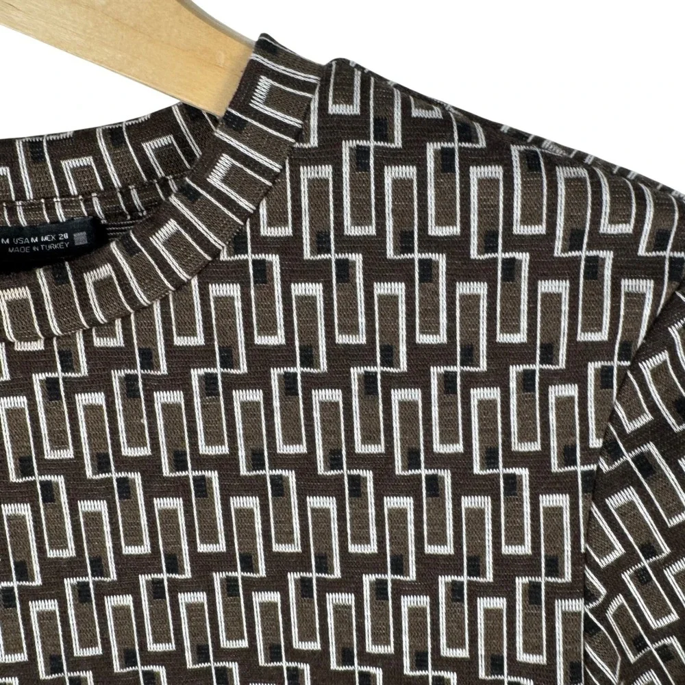 Zara Geometric Maze Print Long Sleeve Knit Womens M Brown Crew Neck Cropped